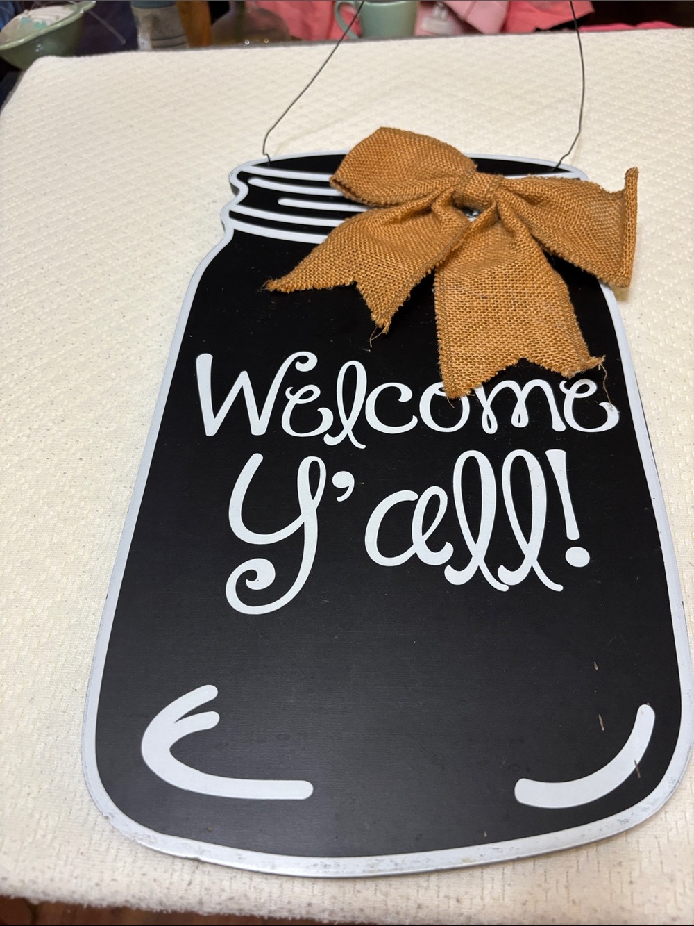 Black "Welcome Y'all!" Mason Jar Wall Sign with Burlap Bow